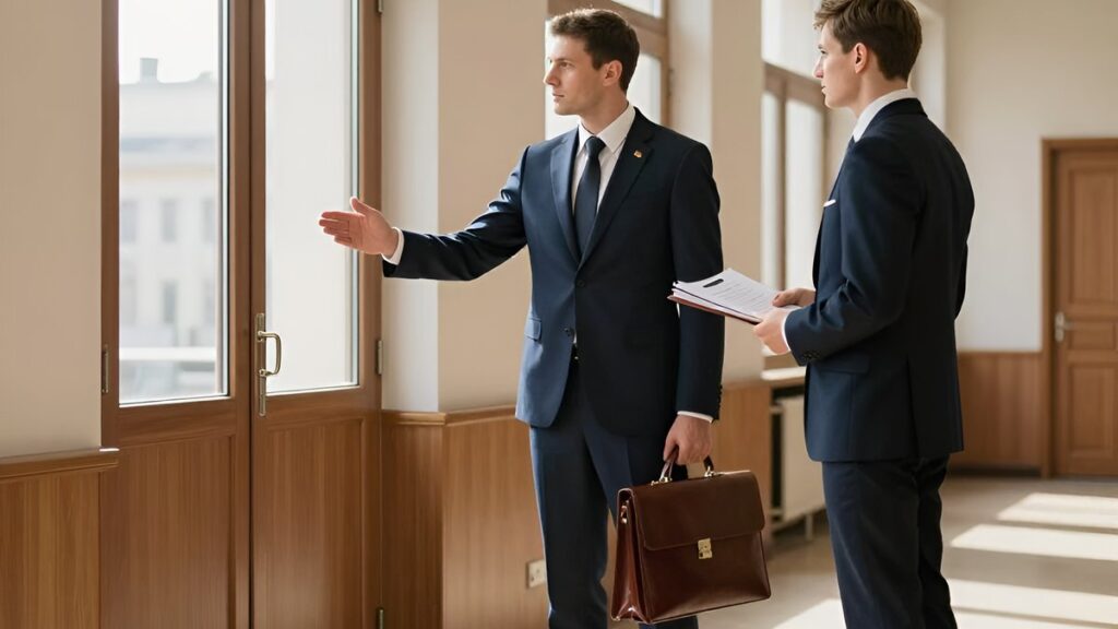 Юрист с документами консультирует клиента перед представительством ответчика в суде в Санкт-Петербурге